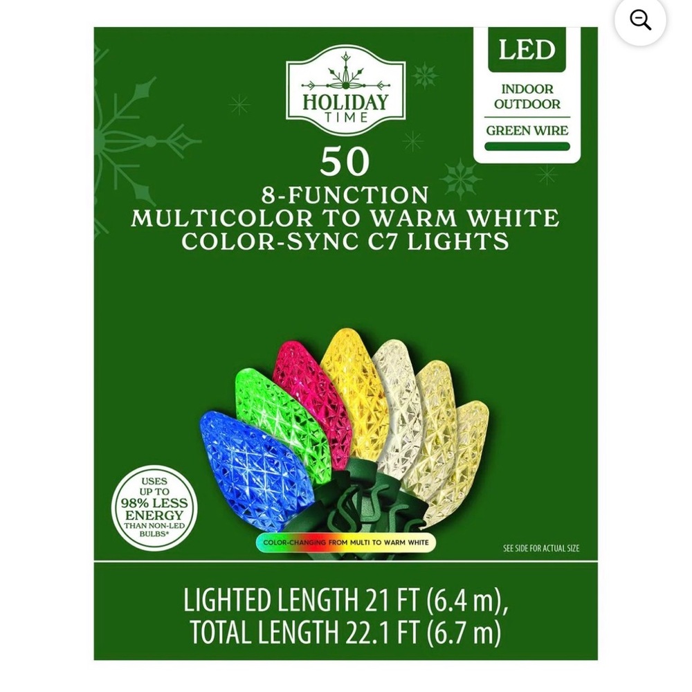 Holiday Time 50 8 Function Multi to Warm White Color Sync C7 Lights Green Wire
